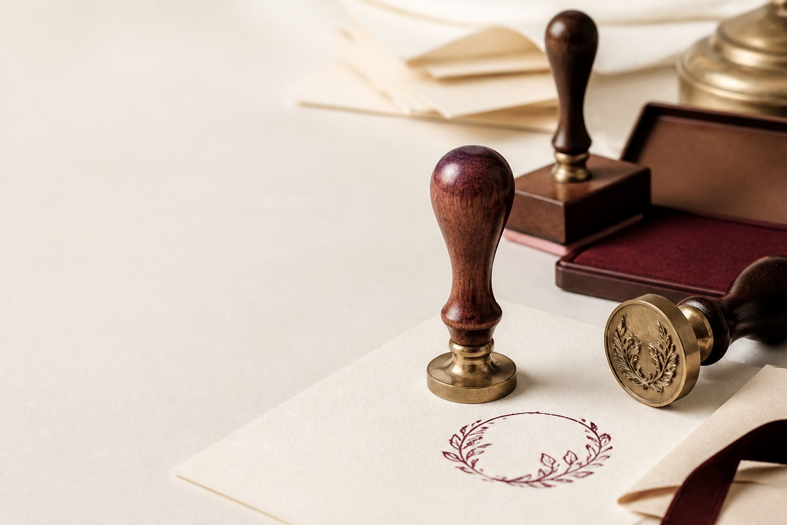 Custom wood and brass stamps arranged with cream stationery