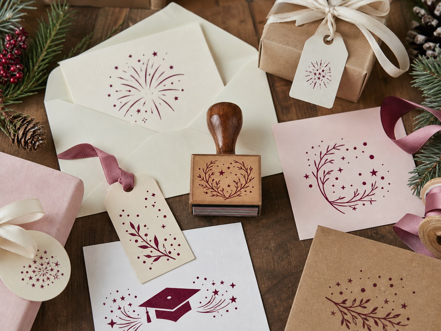 Seasonal gift tags and custom stamp