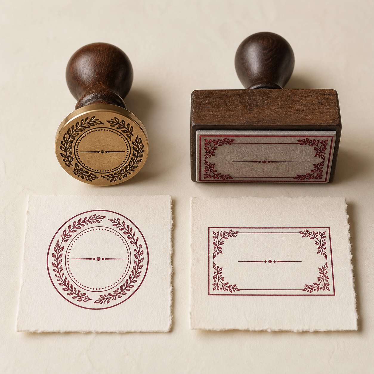 A coordinated round and rectangular custom stamp pair